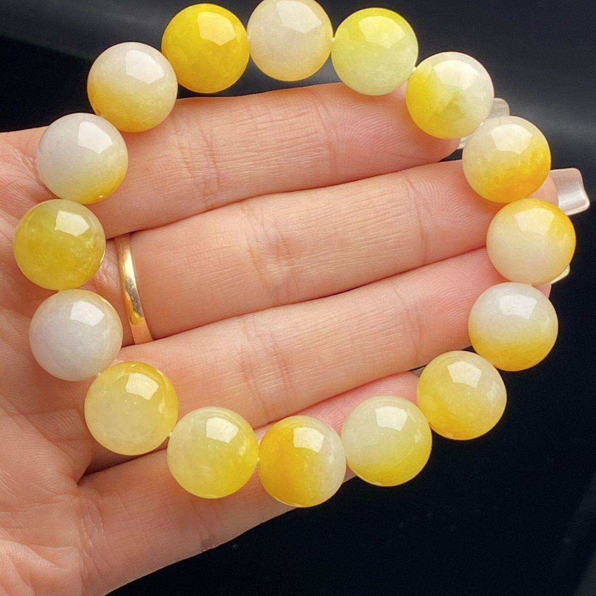 Myanmar Jadeite Bracelets - Natural Laokeng Ice Glutinous Full Color White Ice Yellow Jade 13mm Round Beads for Men and Women - AuraKin