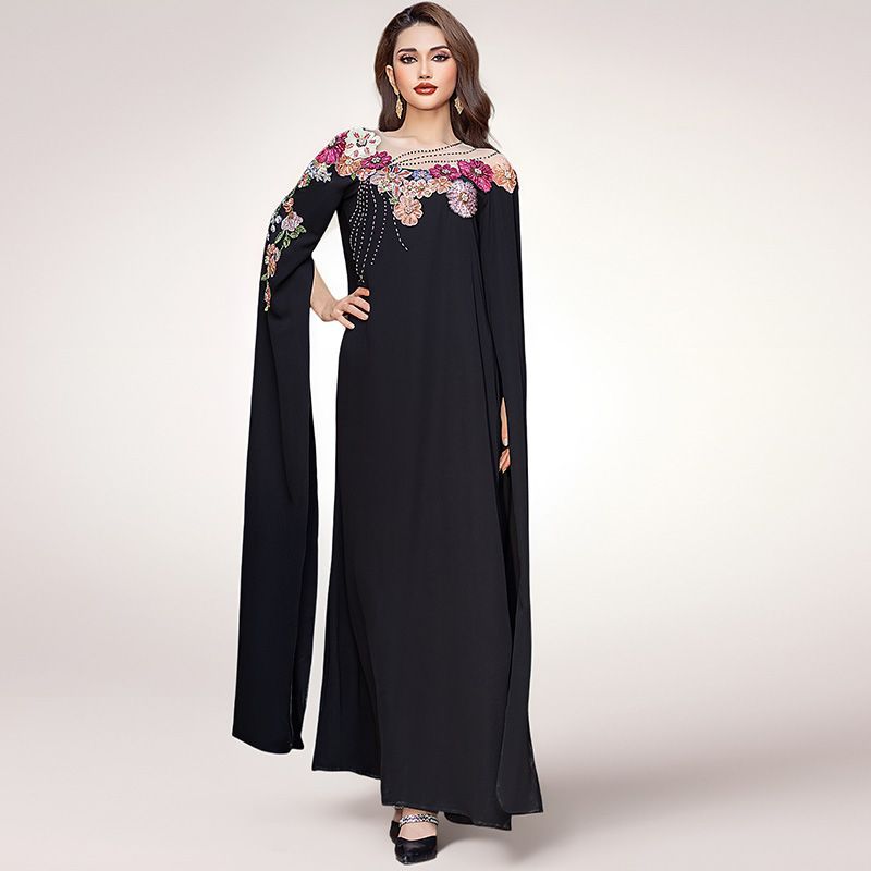 Middle East Arabian super long-sleeved dress skirt women's light luxury applique embroidered beads elegant style dress Dubai robe - AuraKin