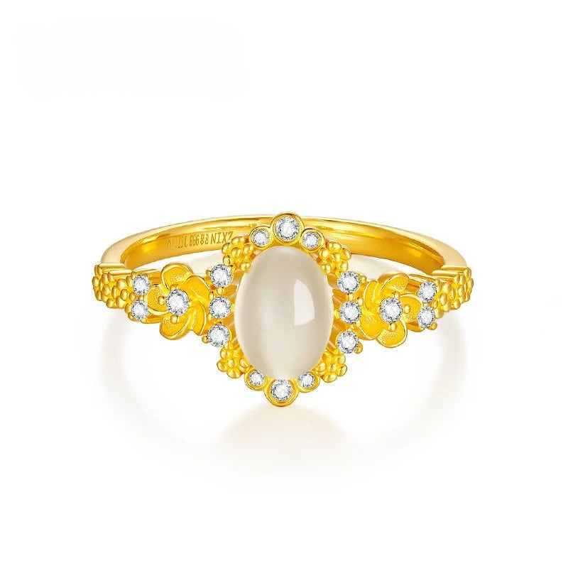 Aurakin Jewelry Full Gold Moonlight Flower Ring Inlaid Cat's Eye Gem Gift for Girlfriend Valentine's Day Qixi Festival - AuraKin