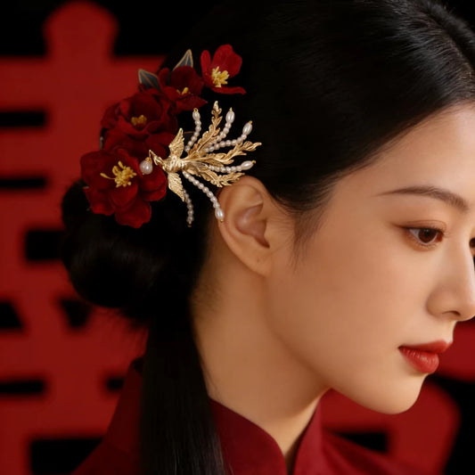Phoenix wears peony, antique red cloth velvet hairpin flow bridal headgear Hanfu side clip atmospheric hairpin Chinese style - AuraKin