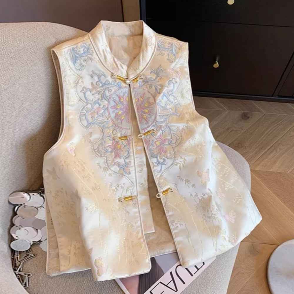 Champagne new Chinese embroidered buckle vest women's 2026 autumn wear new national style stand-up collar vest