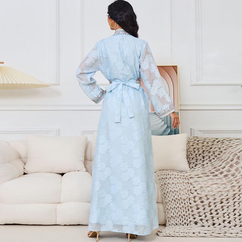 Middle Eastern Arabian Women's V-Neck Embroidered Elegant Long Sleeve Dress Vintage Dubai Gown Cardigan Two-piece Set - AuraKin