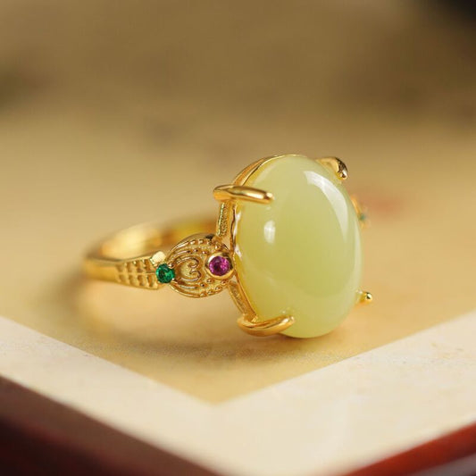 Natural Hetian Jade Ruyi Ring S925 Silver-Plated Open Ring Wholesale Yellow - AuraKin