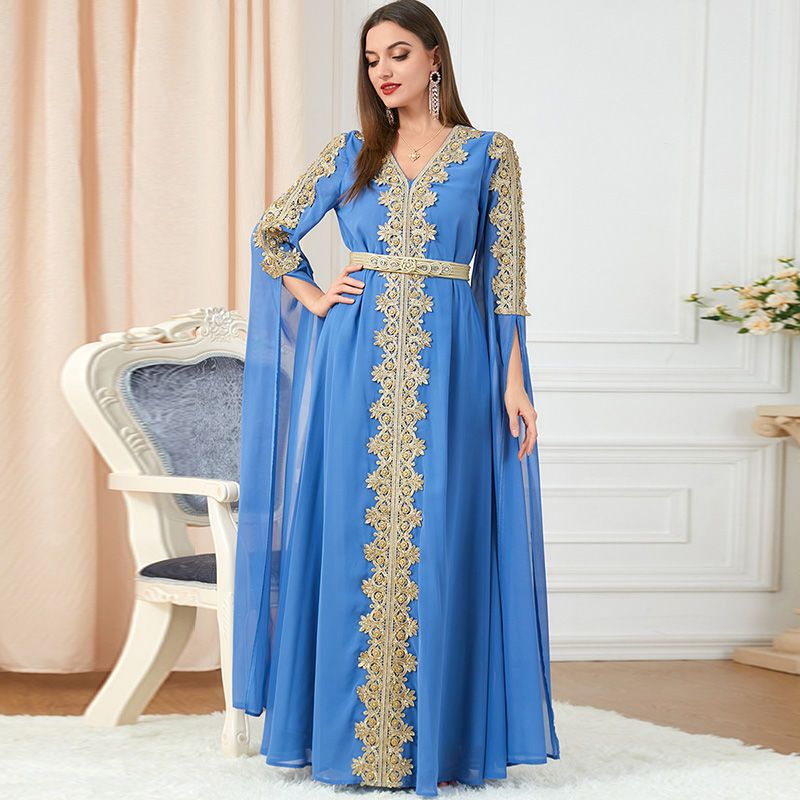 Middle East Dubai Arab Annual Meeting Party Dress Embroidery Beads Malaysia Clothing Super Long Sleeve High-end Robe - AuraKin