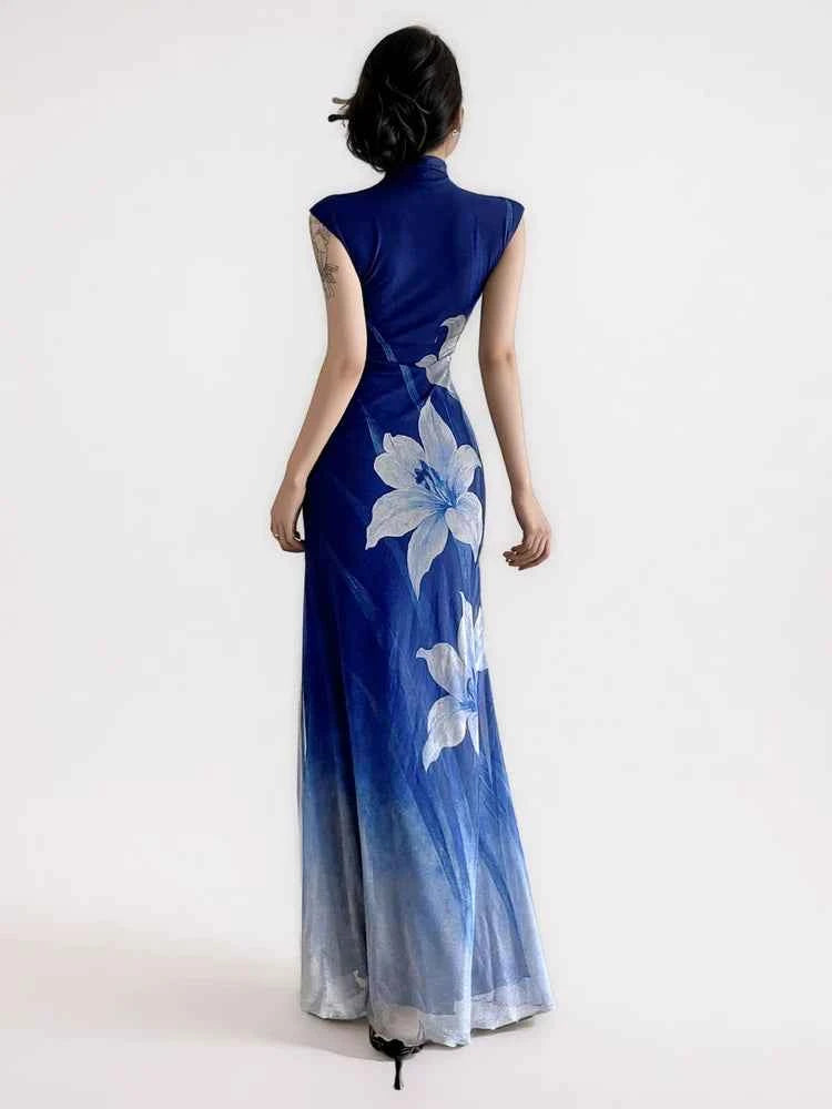 New Chinese style cool plant floral cheongsam dress blue gradual change sleeveless dress women