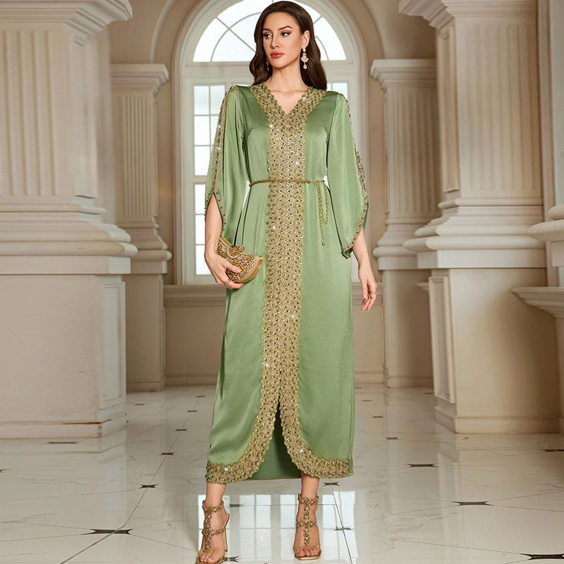 Middle Eastern Arabian Coral Pink Dress Long Dress V-Neck Hand Sewn Bead Long Sleeve Dress Dubai Robe with Belt - AuraKin