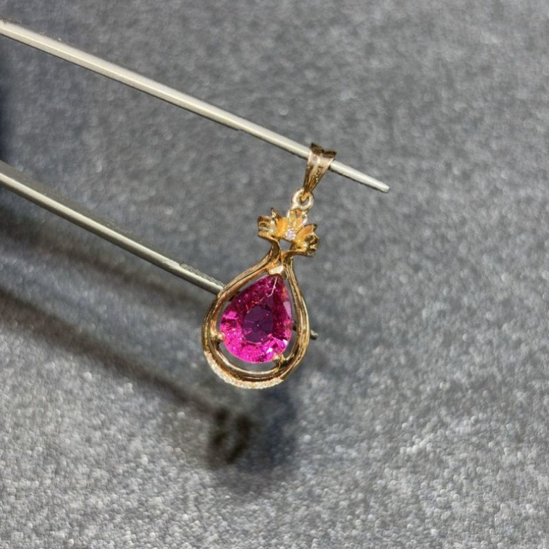 18k Gold Red Tourmaline Necklace with Water Drop Pink Rubilai and Diamond Magnolia Flower Pendant 7*10mm Custom - AuraKin