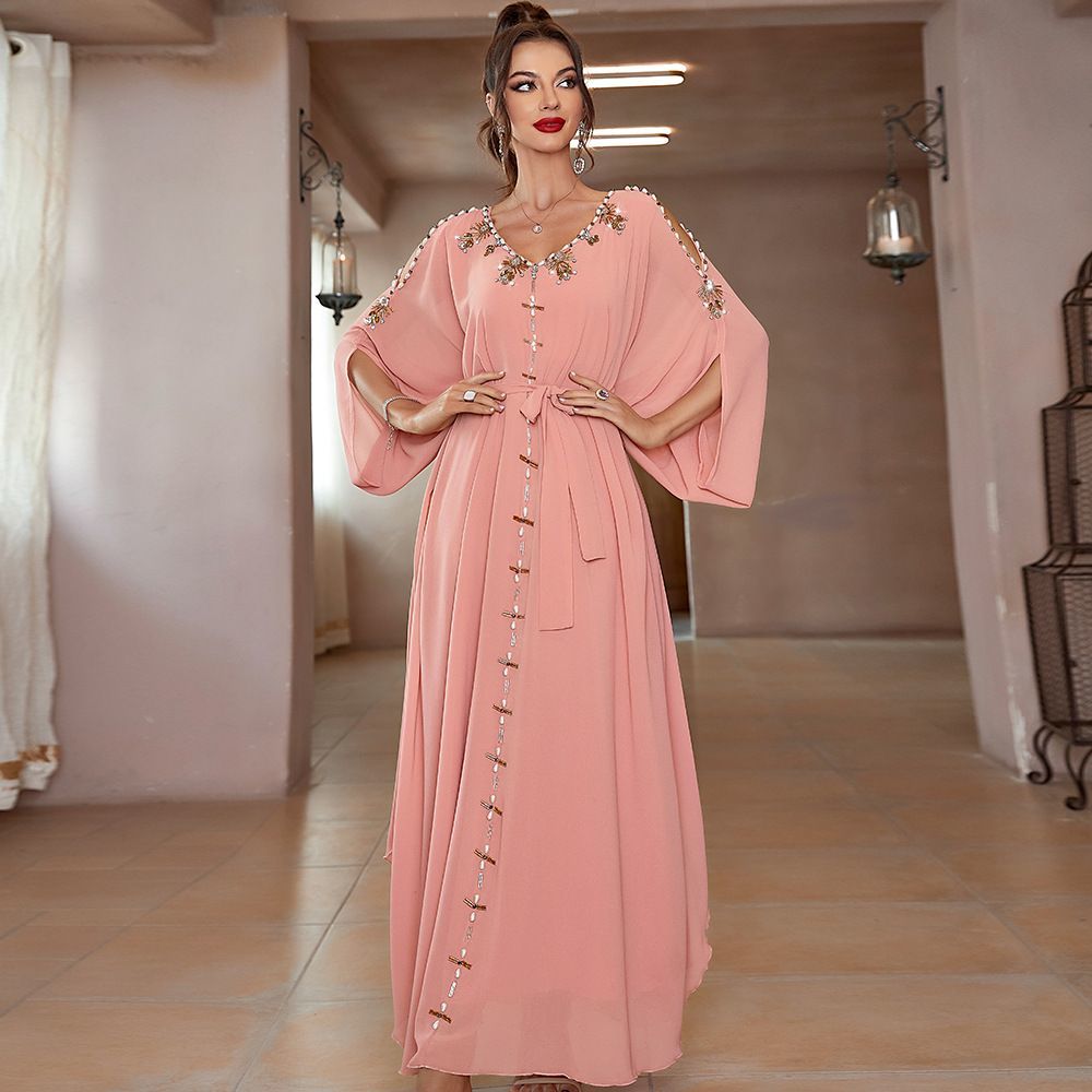 Saudi Arabia women's off-the-shoulder dress Dubai noble V-neck robe exquisite hand-sewn diamond Xinjiang dress middle - AuraKin