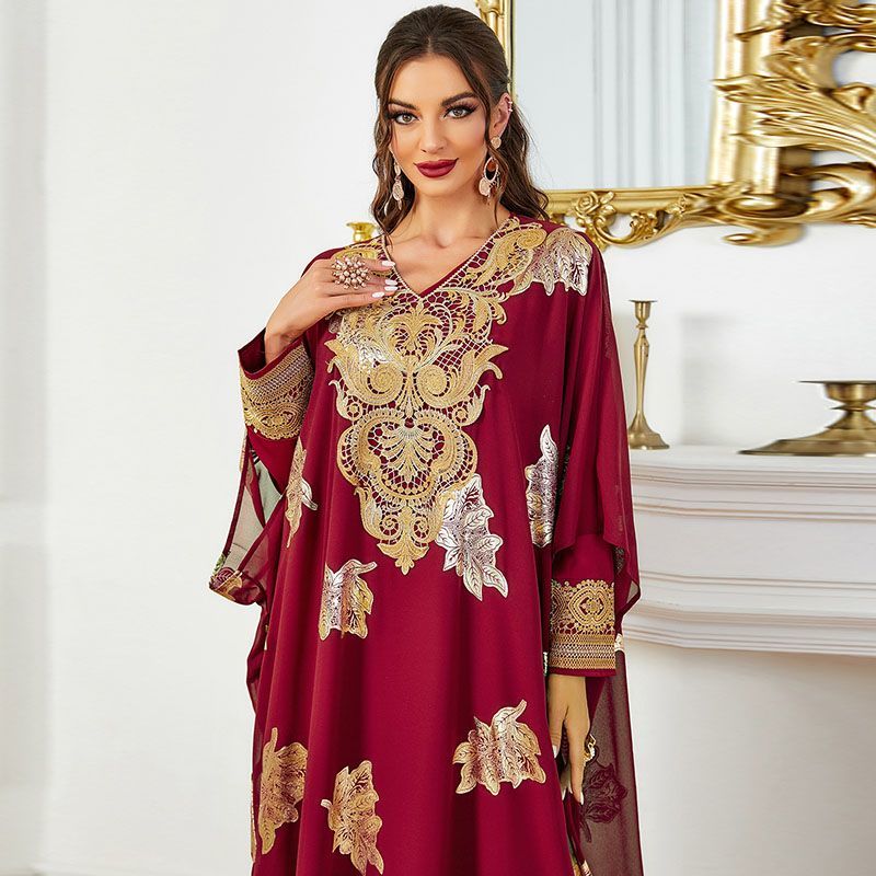 New Arab Dubai luxury bronzing robe two-piece set V-neck bat sleeve long dress ethnic long dress middle - AuraKin