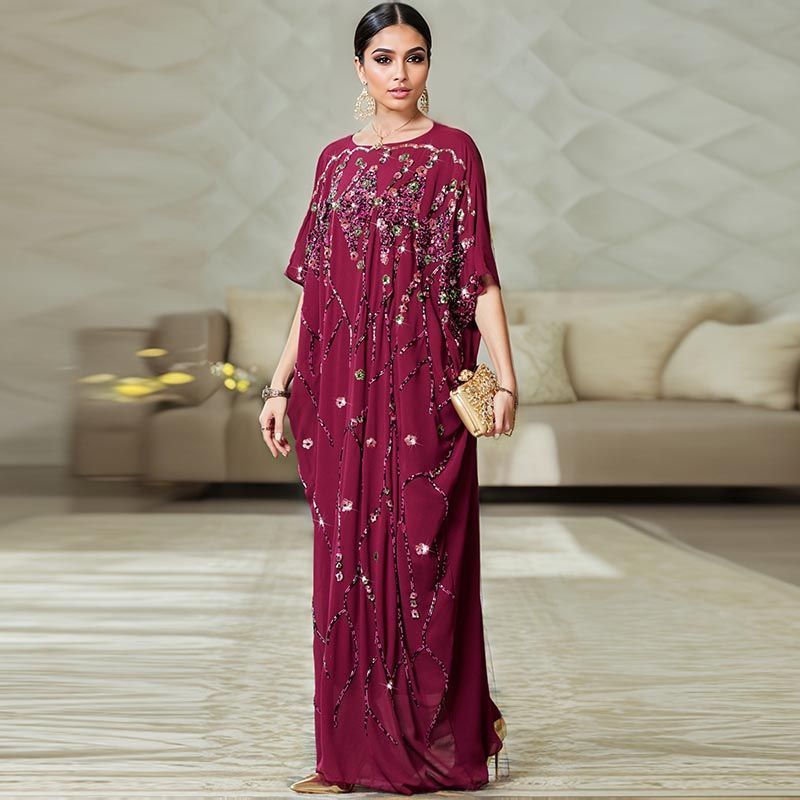 Morocco Dubai Heavy Industry Embroidered Bead Flower Cloak Dress Summer Celebrity Style Hand Sewn Three-dimen middle sional Flower Arabian Robe - AuraKin