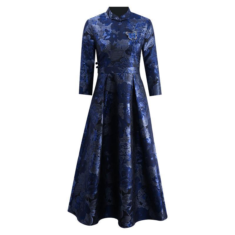 Chinese style temperament long fluffy cheongsam dress autumn new jacquard elegant retro mother dress
