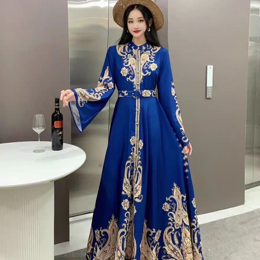 European and American court retro style lantern sleeves single-breasted shirt skirt women's autumn color matching printing big pendulum long dress - AuraKin