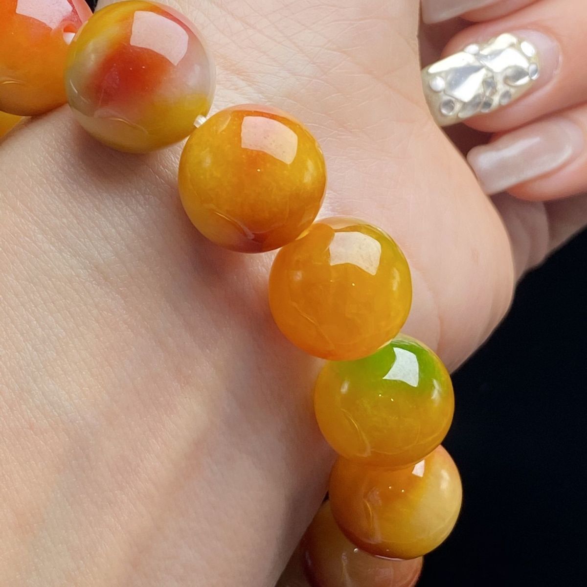 Myanmar Jadeite Bracelet - Laokeng Ice Glutinous Seed Full Color Yellow Red 14mm Round Bead - AuraKin