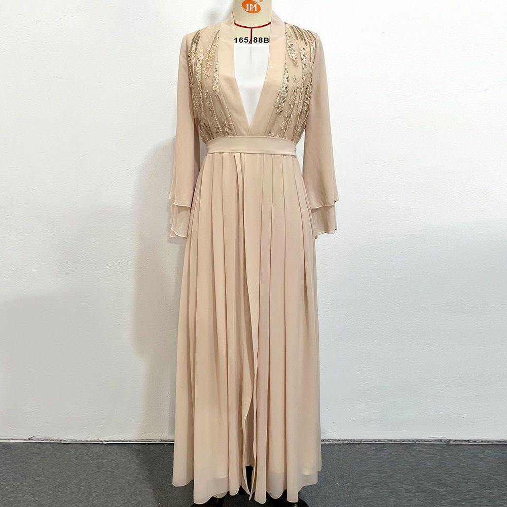 Autumn New Turkey Middle East Long Dress Beige Double Chiffon Malay Dubai Clothing Famous Style Long Dress - AuraKin