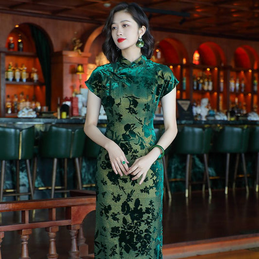 Emperor green elegant temperament cheongsam new retro Chinese style daily improvement mother dress 24287