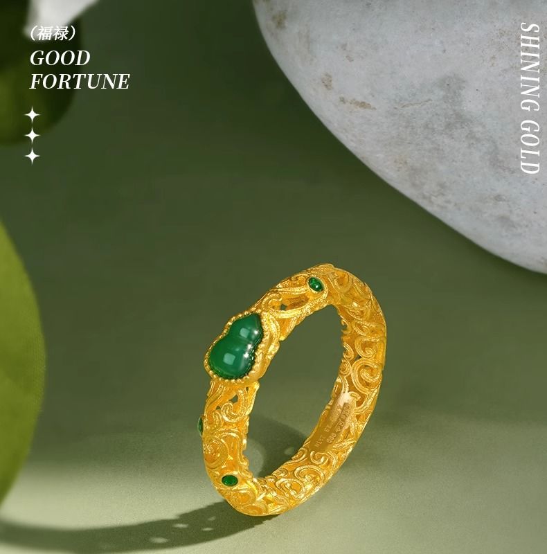 Aurakin Jewelry Gold Ring Fulu Xiangyun Design with Green Chalcedony and Ancient Flower Silk Details - AuraKin
