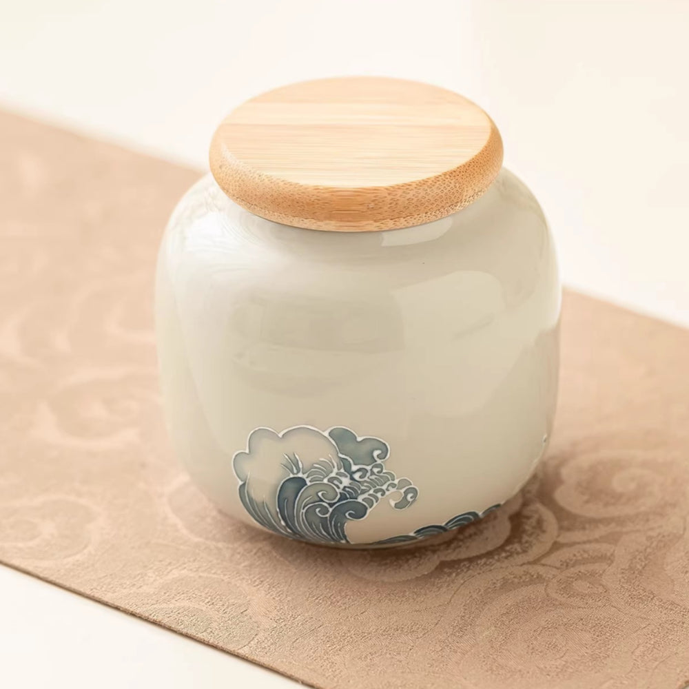 Extremely plain stacked carved wave tea can Small portable tea storage tank Moisture-proof sealed jar Hand-painted ceramic tea can - AuraKin