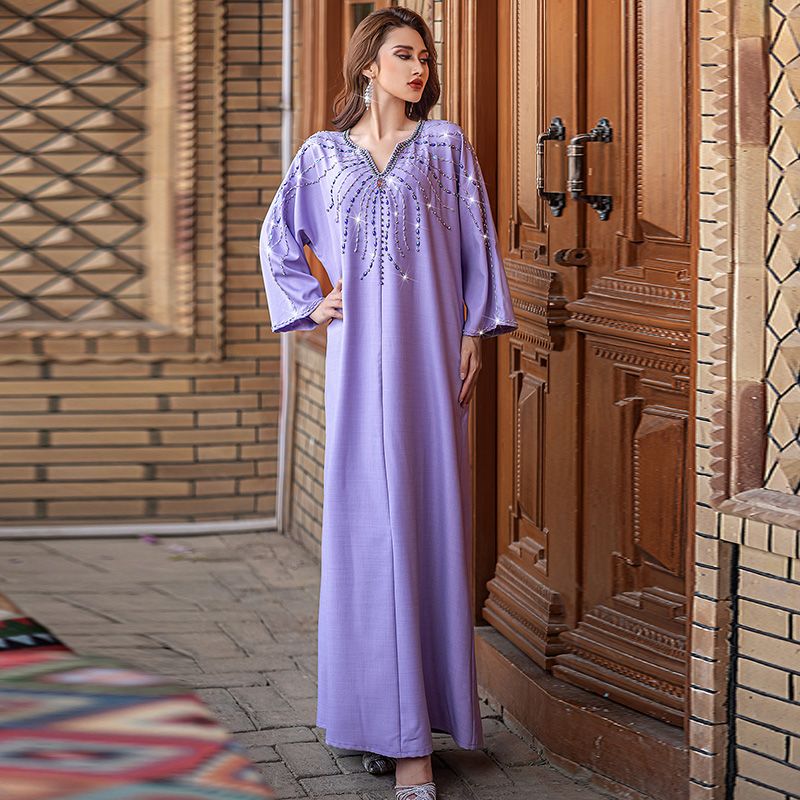 Turkey Dubai Lilac Purple Celebrity Style Long Sleeve Dress Xinjiang Women's Handmade Sewn Rhinestone Malay Robe - AuraKin