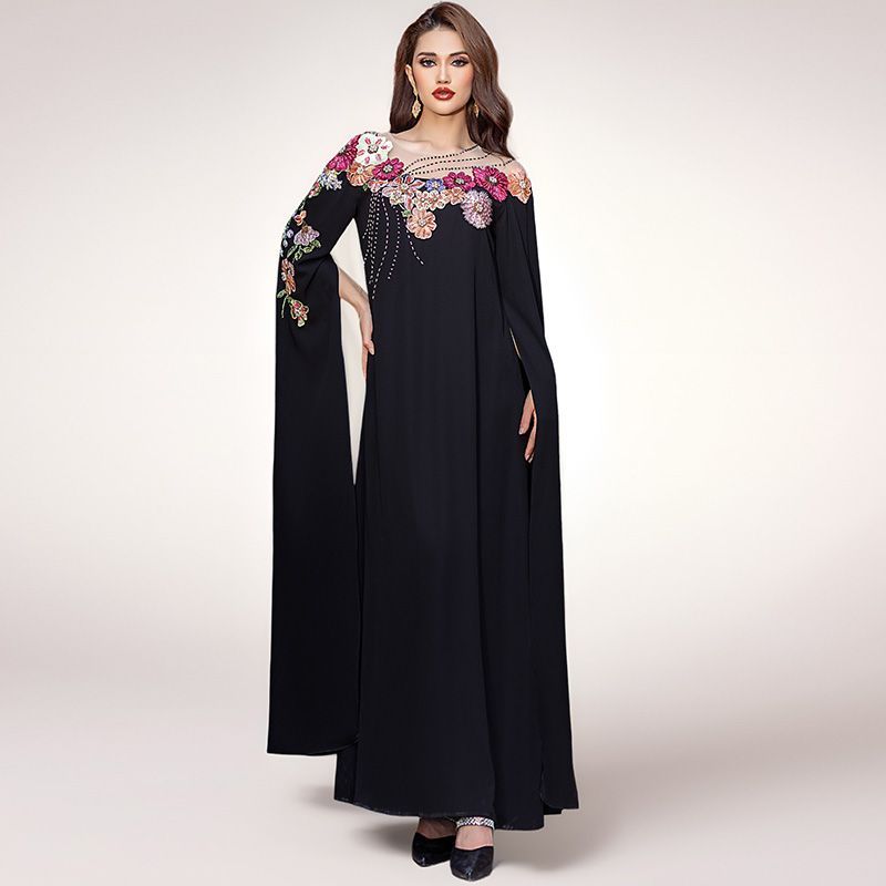 Middle East Arabian super long-sleeved dress skirt women's light luxury applique embroidered beads elegant style dress Dubai robe - AuraKin