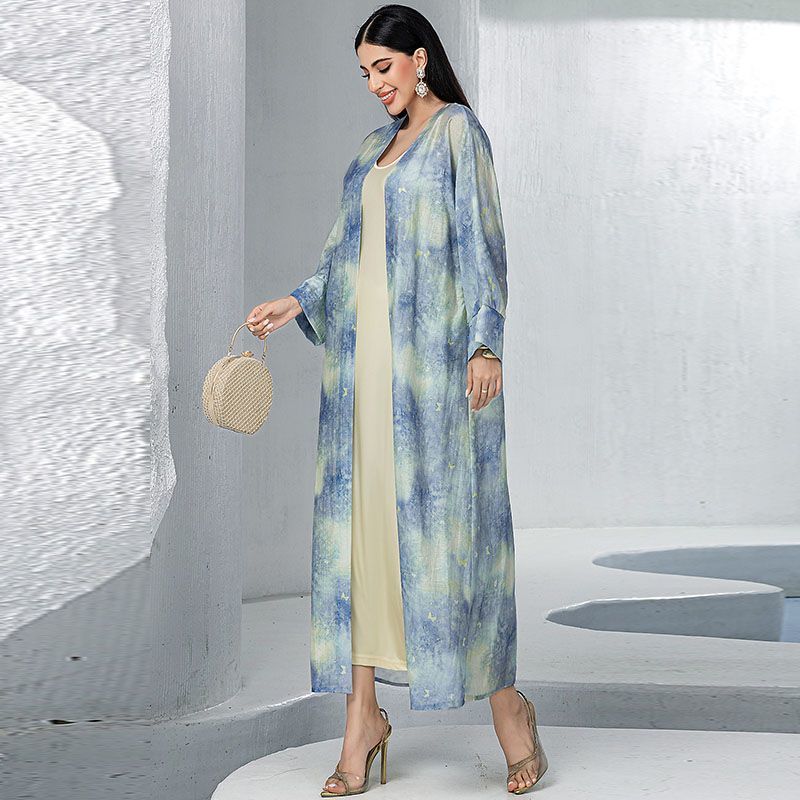 middle Minority style smudge print robe suspender skirt women's two-piece set Morocco Dubai vacation super dress - AuraKin