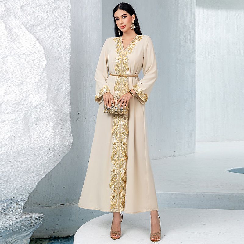 New Dubai women's clothing apricot V-neck A-shaped skirt banquet dress skirt Arabian lace rice bead embroidered super robe middle - AuraKin
