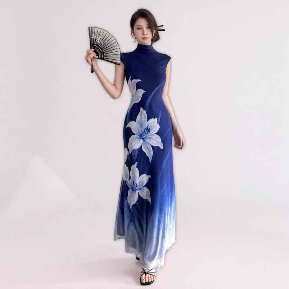 New Chinese style cool plant floral cheongsam dress blue gradual change sleeveless dress women