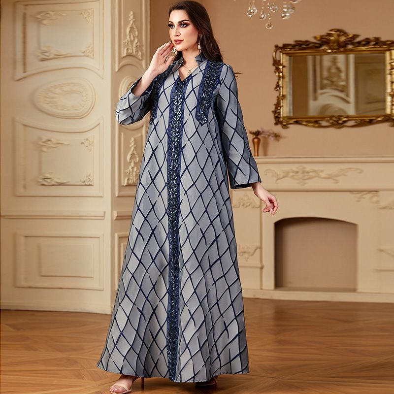 Middle East Turkey V-neck temperament dress Long dress Jacquard loose ethnic women's high-end Dubai vacation robe - AuraKin