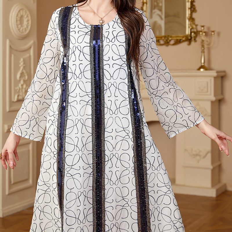 Carl and Dubai bead embroidered long dress crew neck conservative women's clothing Malay Indian fashion robe middle - AuraKin