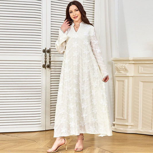 New Arab Dubai Fashion White Robe V-Neck High-end Embroidered Embroidered Long Sleeve Dress Egypt Middle East Robe - AuraKin