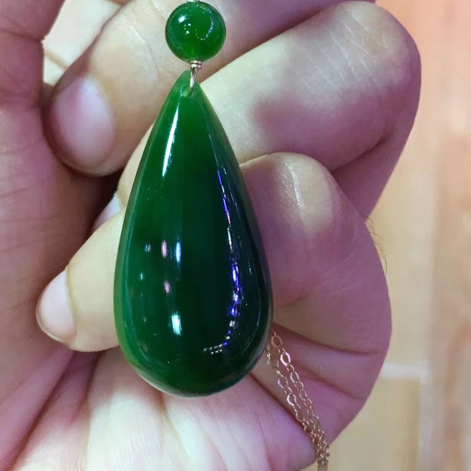 Natural Hetian jade jasper water drop pendant necklace rose gold spinach green egg surface necklace neck jewelry bag gift - AuraKin