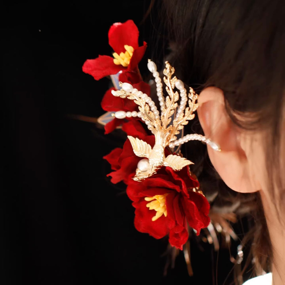 Phoenix wears peony, antique red cloth velvet hairpin flow bridal headgear Hanfu side clip atmospheric hairpin Chinese style - AuraKin