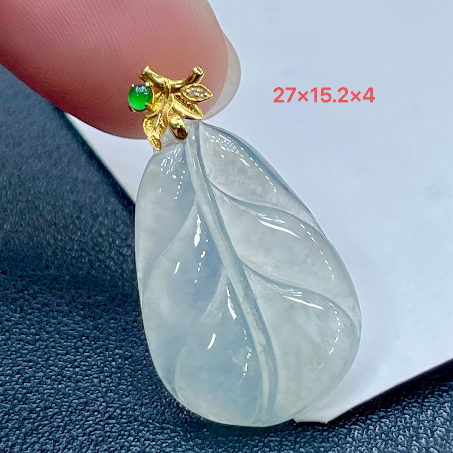 Natural High-Ice Jade Leaf Pendant, Translucent with Fluorescent Glow, Plump Smooth Shape, 18K Gold Branch & Leaf Setting Symbolizes Noble Status, Successful Career & Prosperous Family