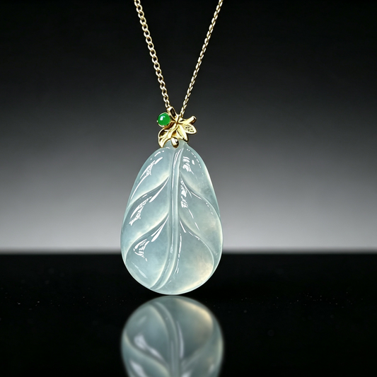 Natural High-Ice Jade Leaf Pendant, Translucent with Fluorescent Glow, Plump Smooth Shape, 18K Gold Branch & Leaf Setting Symbolizes Noble Status, Successful Career & Prosperous Family