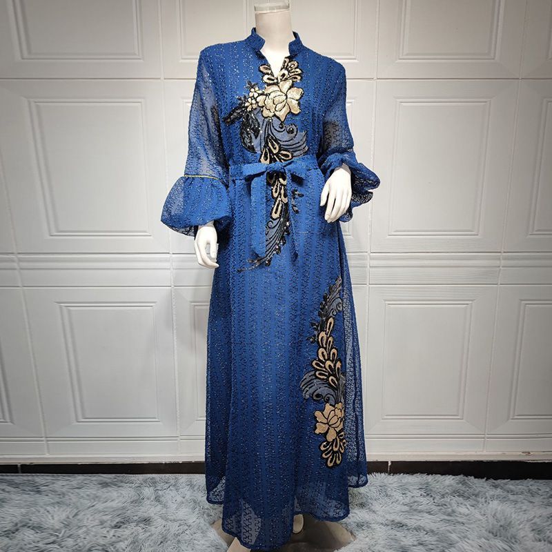 Saudi Arabian ethnic style embroidered robe sequined elegant Dubai style women's clothing to ankle Indian traditional dress - AuraKin