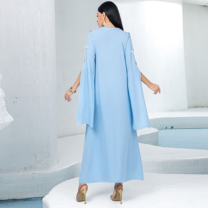Turkey Dubai Women's Super Long Sleeve V-Neck Dress Fashion Celebrity Arabian Dress Sewn Rhinestone Long Dress middle - AuraKin