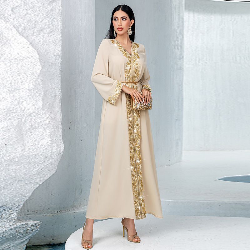 New Dubai women's clothing apricot V-neck A-shaped skirt banquet dress skirt Arabian lace rice bead embroidered super robe middle - AuraKin