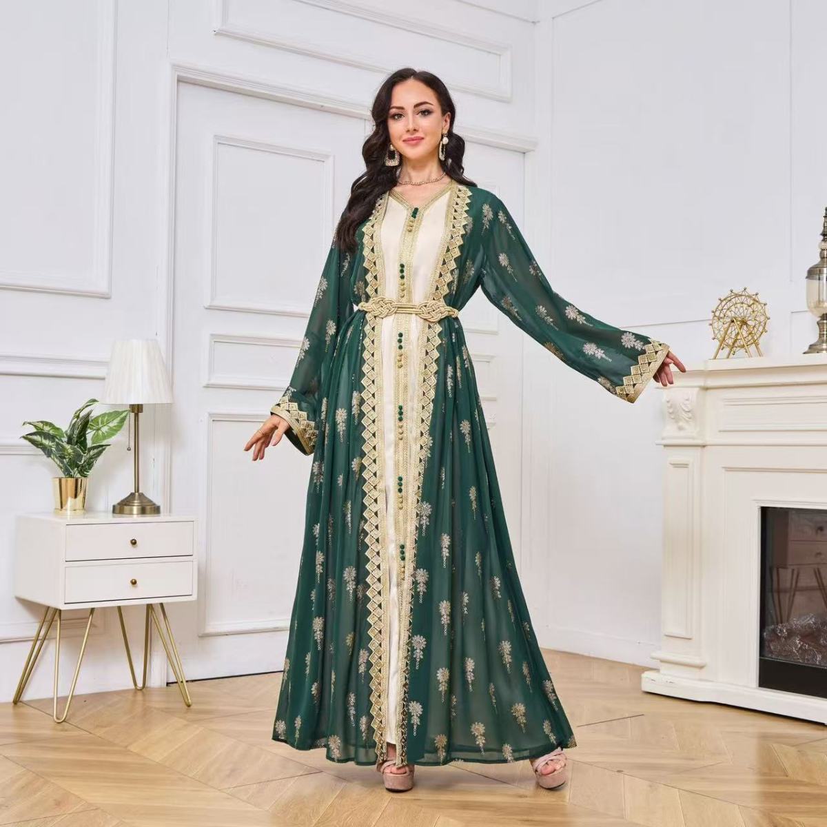 Large Size Women's Robe Embroidered Cardigan Dubai Middle East Two-piece Dress V-Neck European and American Long Sleeve Bohemia - AuraKin