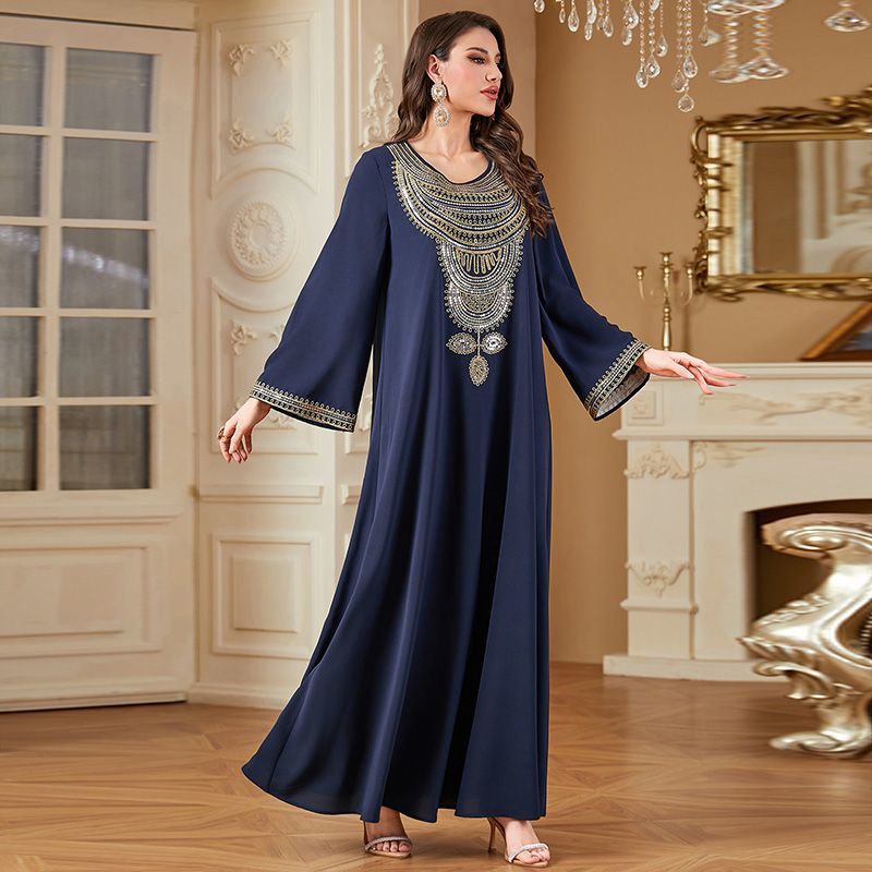 Turkey Dubai Travel Embroidery Long Sleeve Dress Crew Neck Navy Blue Summer Women's Arabian Fashion Robe middle - AuraKin