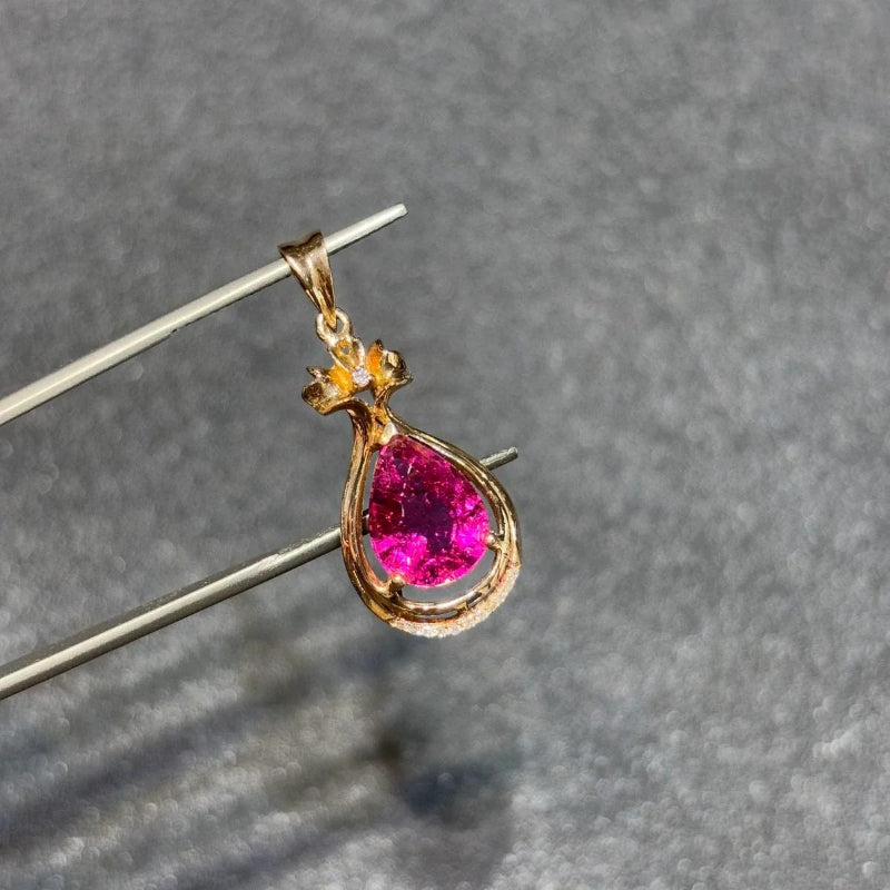 18k Gold Red Tourmaline Necklace with Water Drop Pink Rubilai and Diamond Magnolia Flower Pendant 7*10mm Custom - AuraKin