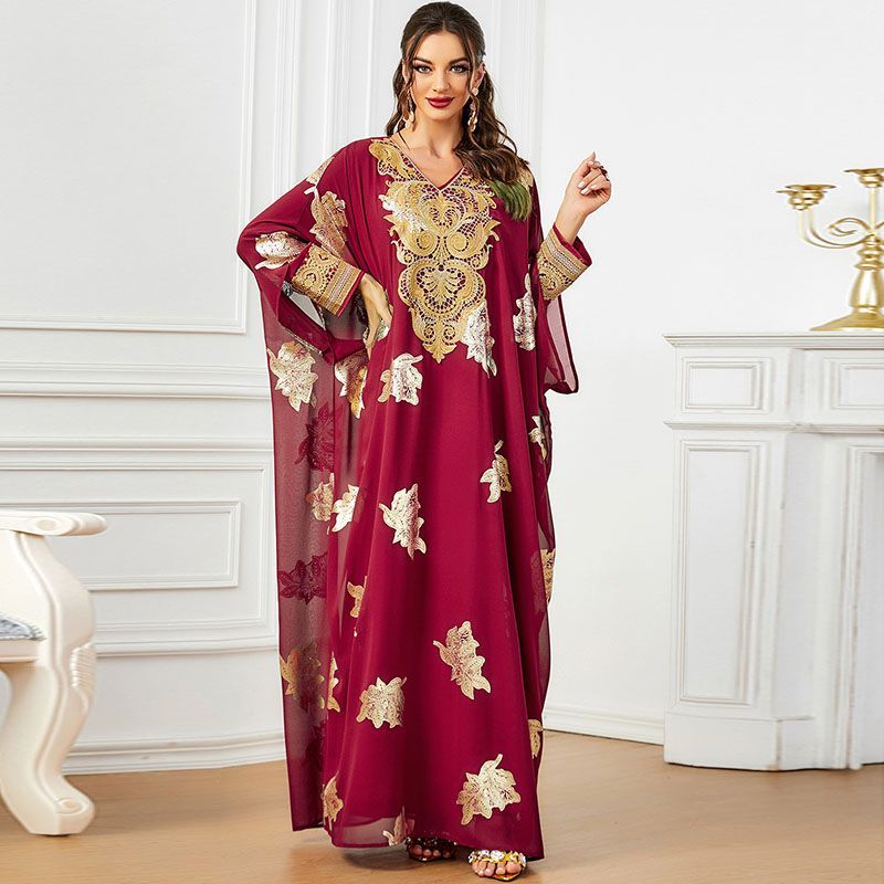 New Arab Dubai luxury bronzing robe two-piece set V-neck bat sleeve long dress ethnic long dress middle - AuraKin