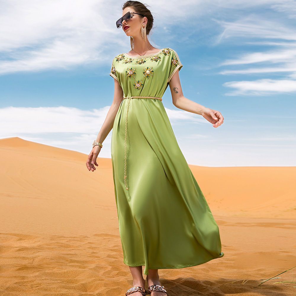 Middle Eastern Arabian High-end Dress Avocado Green Waldorf Satin Celebrity Dress Hand-Sewn Diamond Dubai Robe - AuraKin
