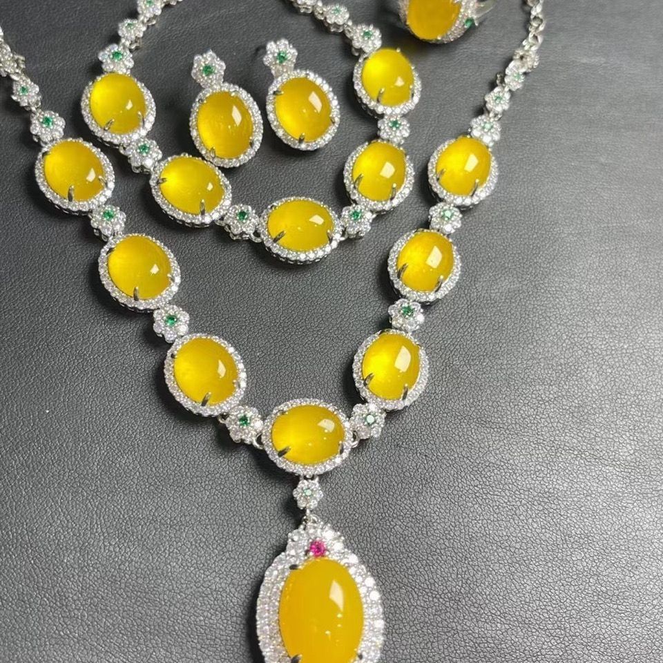 Natural Yellow Jade Luxury Necklace Set - Four-Piece Jadeite and Diamond Inlaid Collection - AuraKin