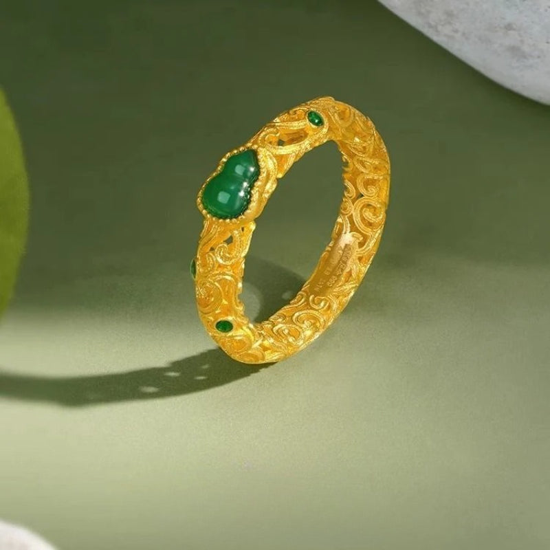 Aurakin Jewelry Gold Ring Fulu Xiangyun Design with Green Chalcedony and Ancient Flower Silk Details - AuraKin