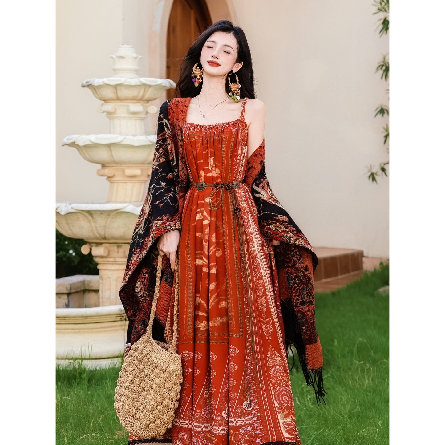 Literary retro ethnic style skirt set shawl + three-dimensional skirt 2025 autumn new middle - AuraKin