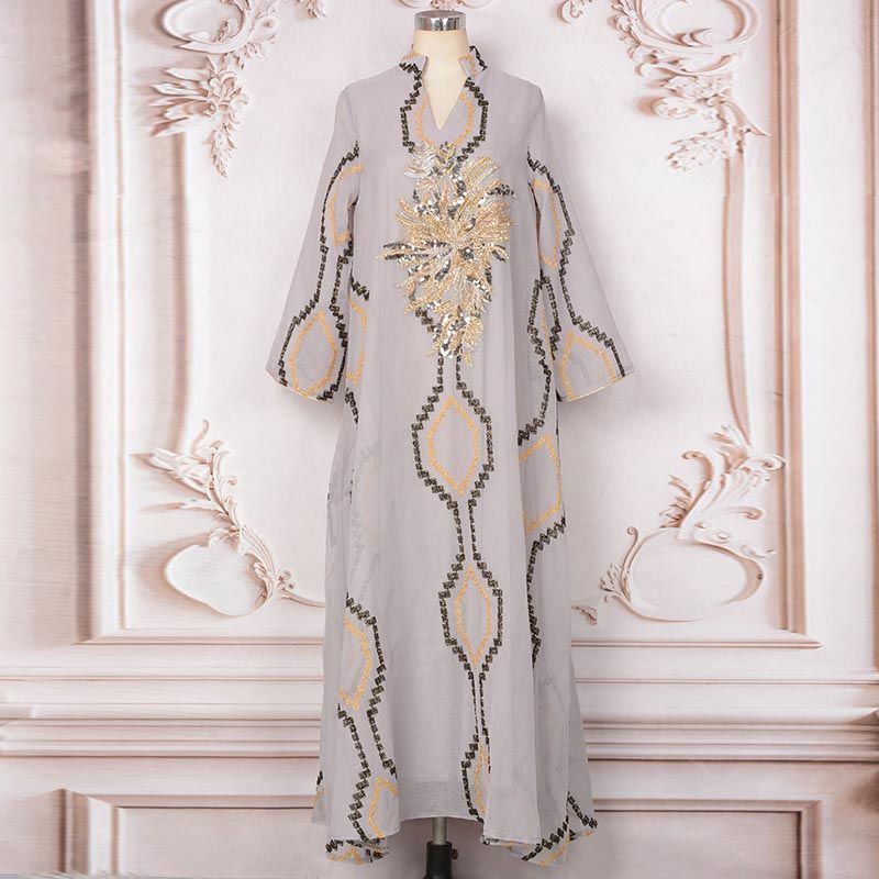 Dubai Women's Robe V-Neck Celebrity Banquet Dress Conservative Dress Collar Sequins Turkish Travel Dress middle - AuraKin