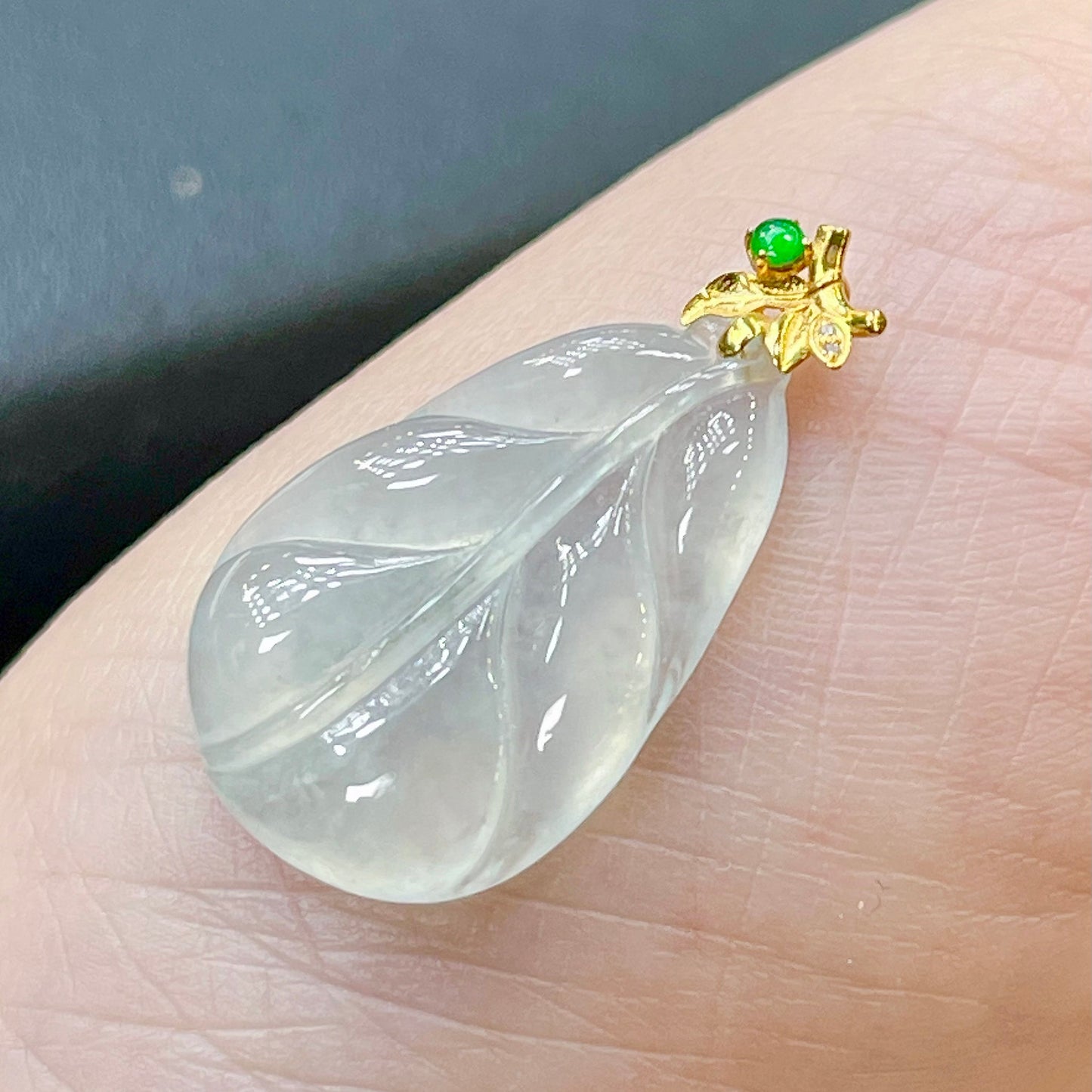 Natural High-Ice Jade Leaf Pendant, Translucent with Fluorescent Glow, Plump Smooth Shape, 18K Gold Branch & Leaf Setting Symbolizes Noble Status, Successful Career & Prosperous Family