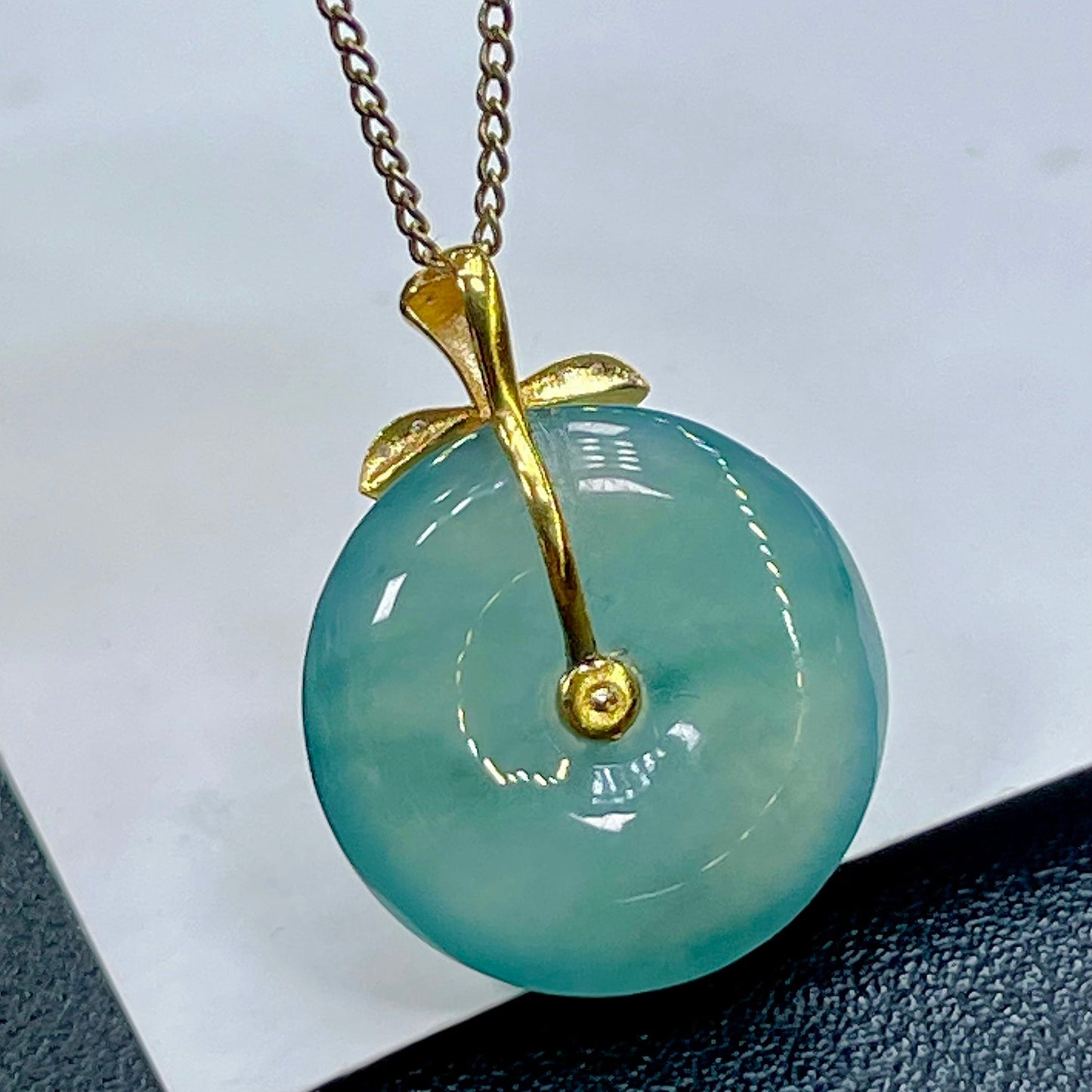 Lake Blue Ping An Kou ,18K Gold with Green Jade Inlay,Safety Buckle Peace & Perfection