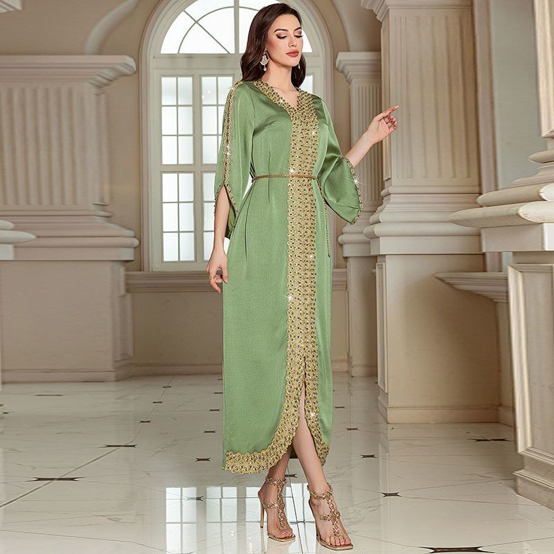 Middle Eastern Arabian Coral Pink Dress Long Dress V-Neck Hand Sewn Bead Long Sleeve Dress Dubai Robe with Belt - AuraKin