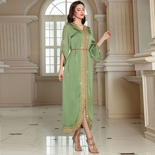 Middle Eastern Arabian Coral Pink Dress Long Dress V-Neck Hand Sewn Bead Long Sleeve Dress Dubai Robe with Belt - AuraKin