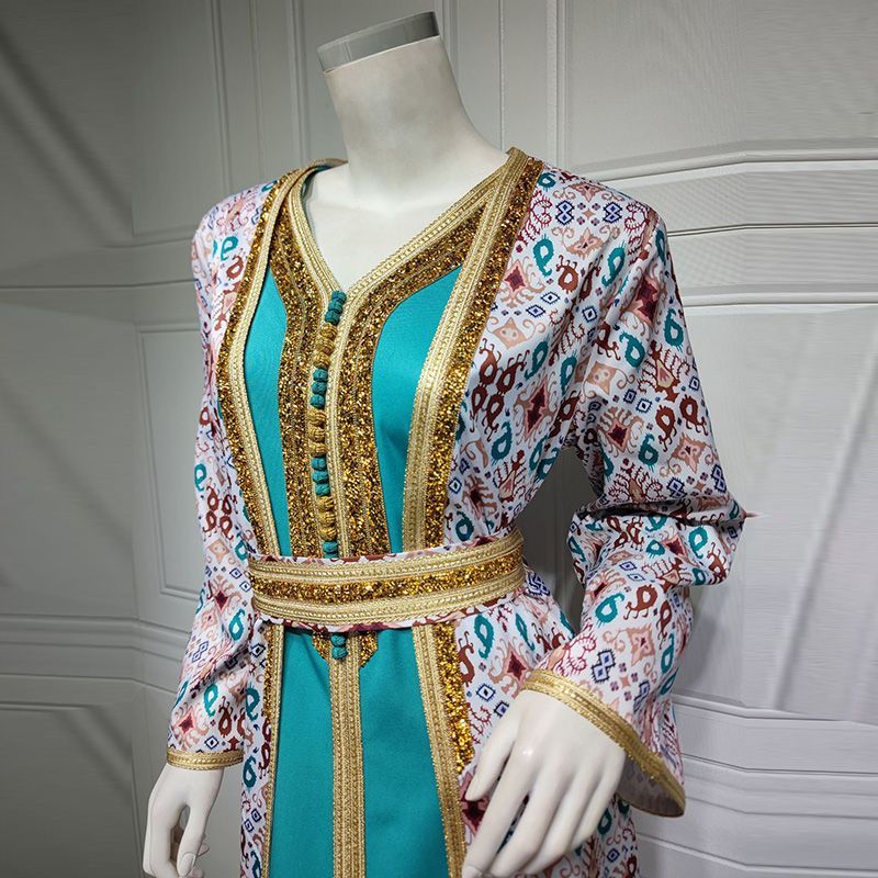 Turkey Dubai women's two-piece robe light luxury hot diamond Xinjiang dress skirt retro printing Arabic suit middle - AuraKin